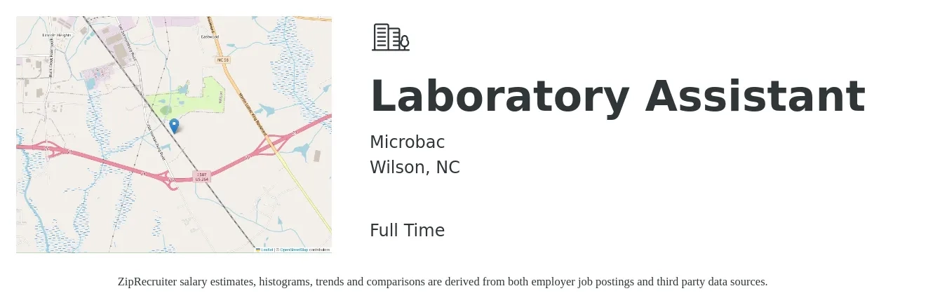 Microbac job posting for a Laboratory Assistant in Wilson, NC with a salary of $16 to $22 Hourly with a map of Wilson location.