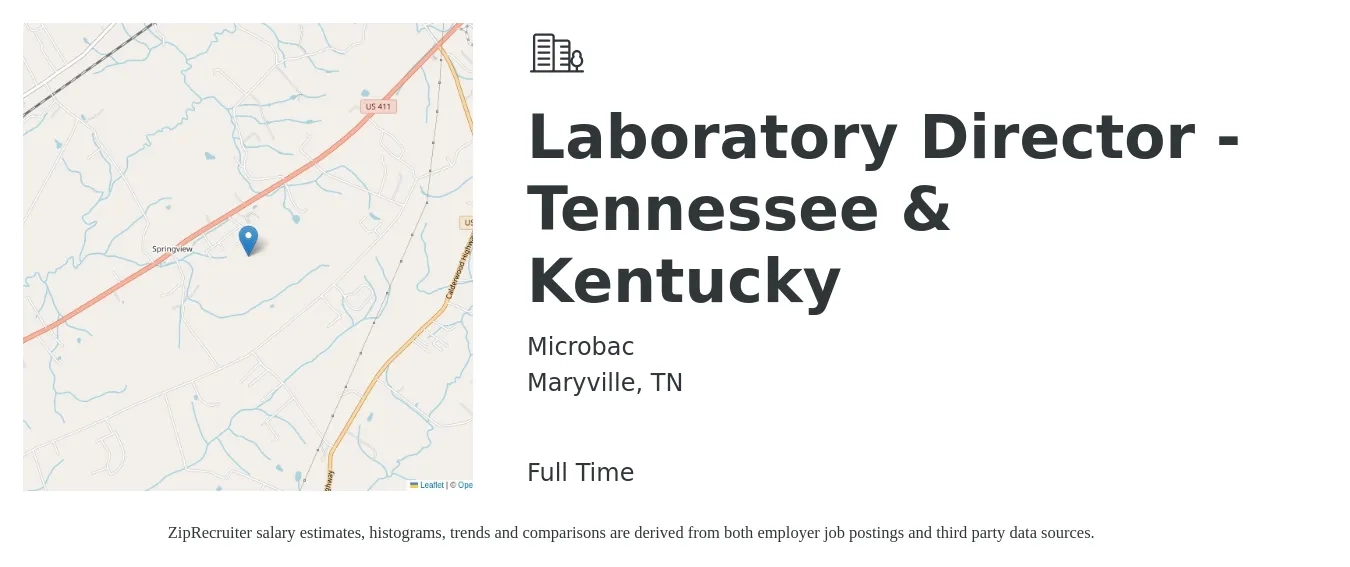 Microbac job posting for a Laboratory Director - Tennessee & Kentucky in Maryville, TN with a salary of $96,200 to $125,700 Yearly with a map of Maryville location.