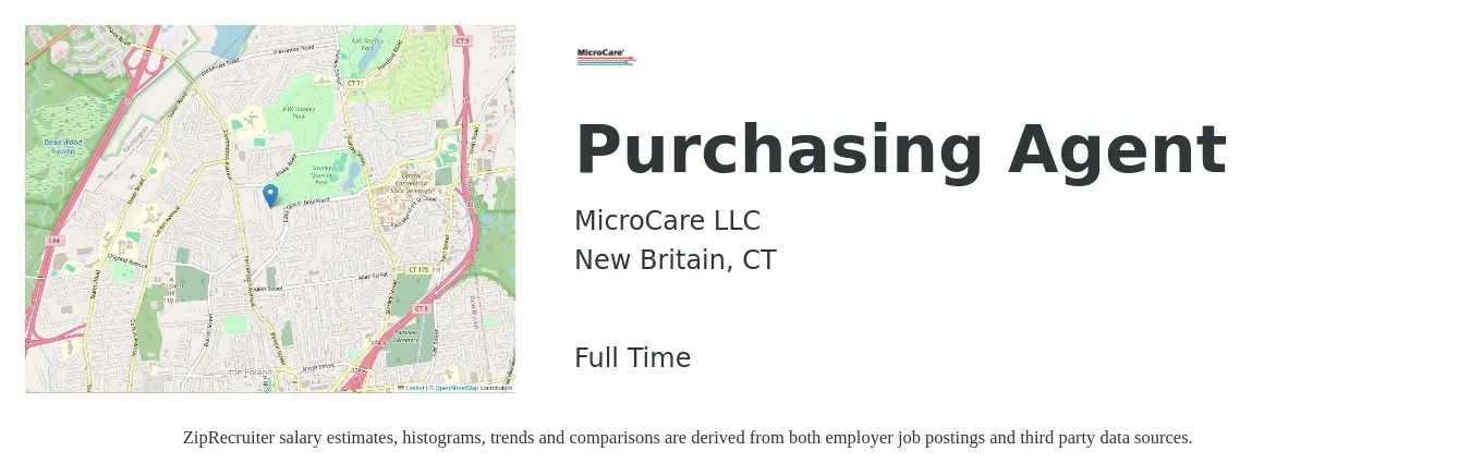 MicroCare LLC job posting for a Purchasing Agent in New Britain, CT with a salary of $42,600 to $59,500 Yearly with a map of New Britain location.