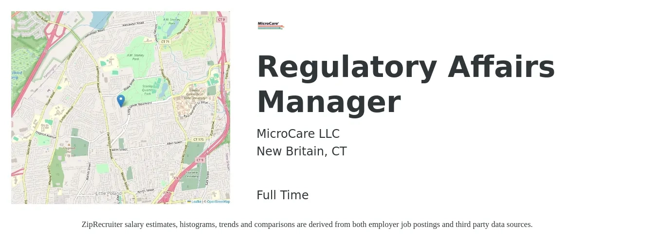 MicroCare LLC job posting for a Regulatory Affairs Manager in New Britain, CT with a salary of $44 to $69 Hourly with a map of New Britain location.