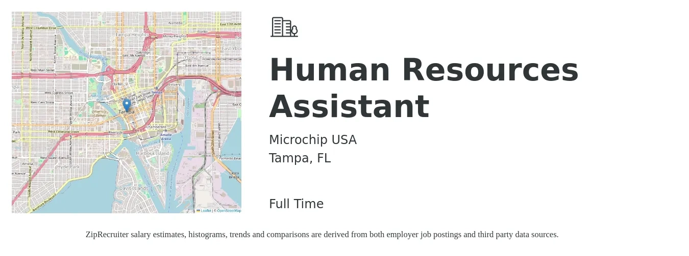 Microchip USA job posting for a Human Resources Assistant in Tampa, FL with a salary of $34,000 to $43,500 Yearly with a map of Tampa location.