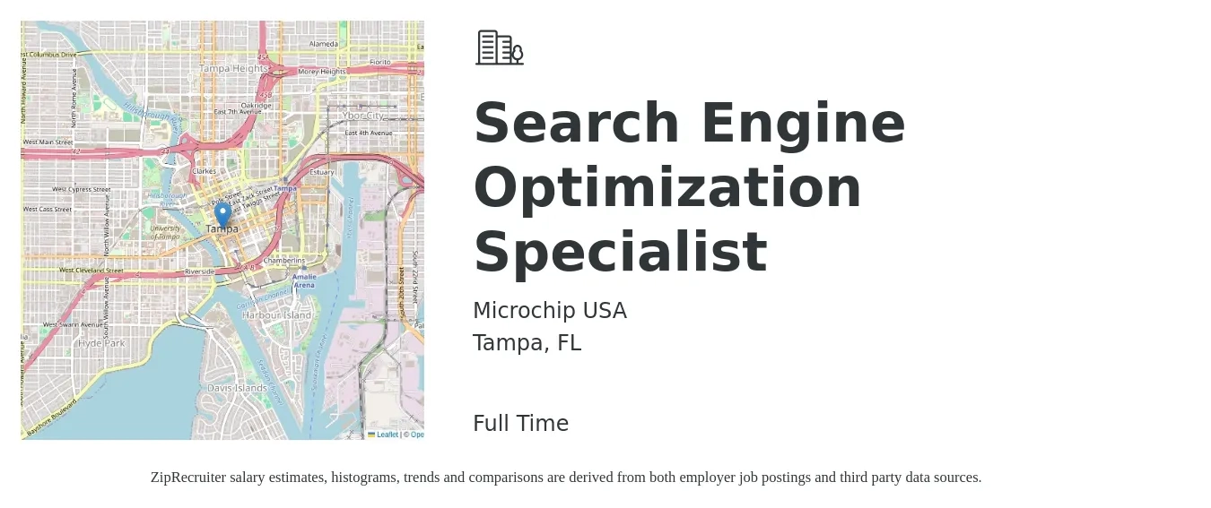 Microchip USA job posting for a Search Engine Optimization Specialist in Tampa, FL with a salary of $48,000 to $67,900 Yearly with a map of Tampa location.