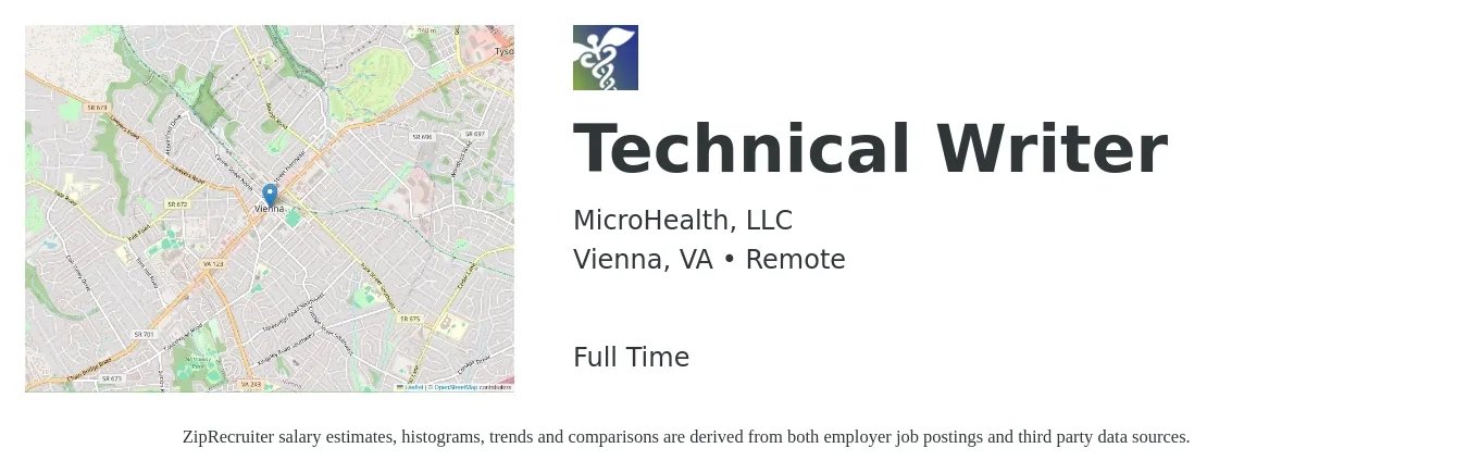 MicroHealth, LLC job posting for a Technical Writer in Vienna, VA with a salary of $30 to $49 Hourly with a map of Vienna location.