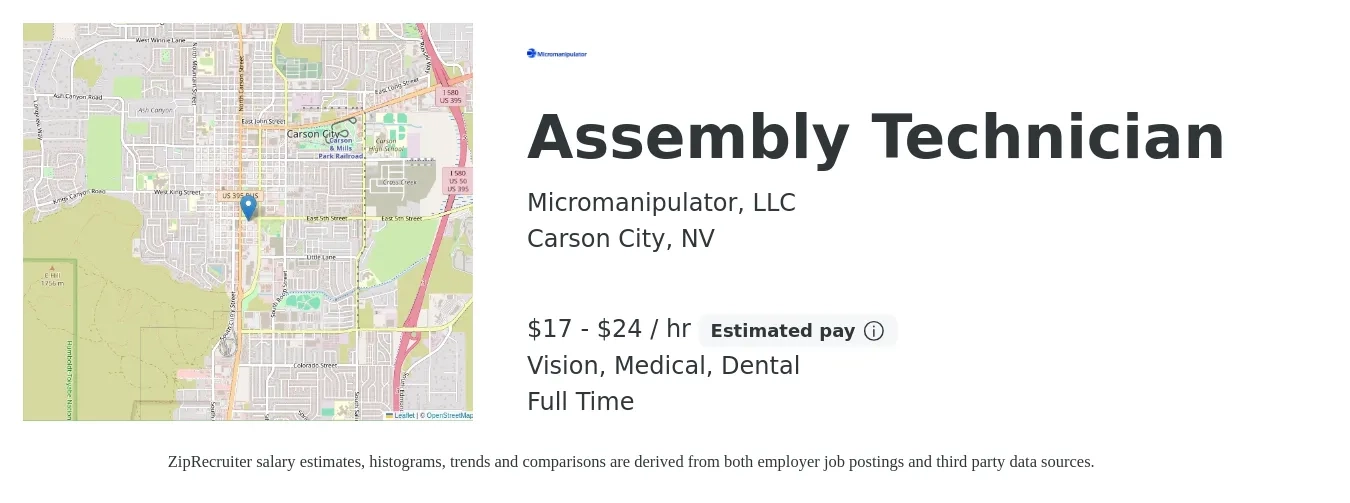 Micromanipulator, LLC job posting for a Assembly Technician in Carson City, NV with a salary of $18 to $25 Hourly and benefits including vision, dental, and medical with a map of Carson City location.