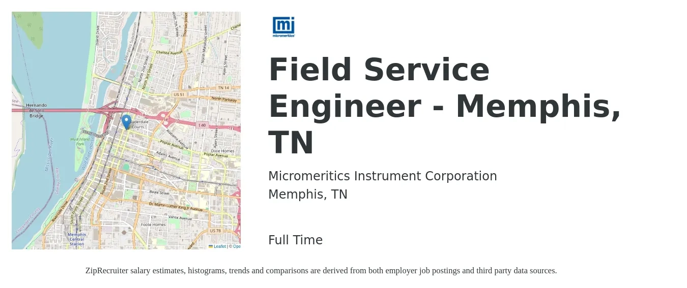 Micromeritics Instrument Corporation job posting for a Field Service Engineer - Memphis, TN in Memphis, TN with a salary of $55,400 to $82,100 Yearly with a map of Memphis location.