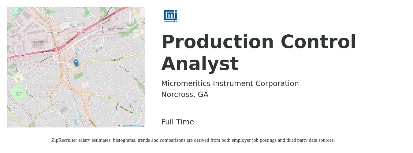 Micromeritics Instrument Corporation job posting for a Production Control Analyst in Norcross, GA with a salary of $21 to $34 Hourly with a map of Norcross location.