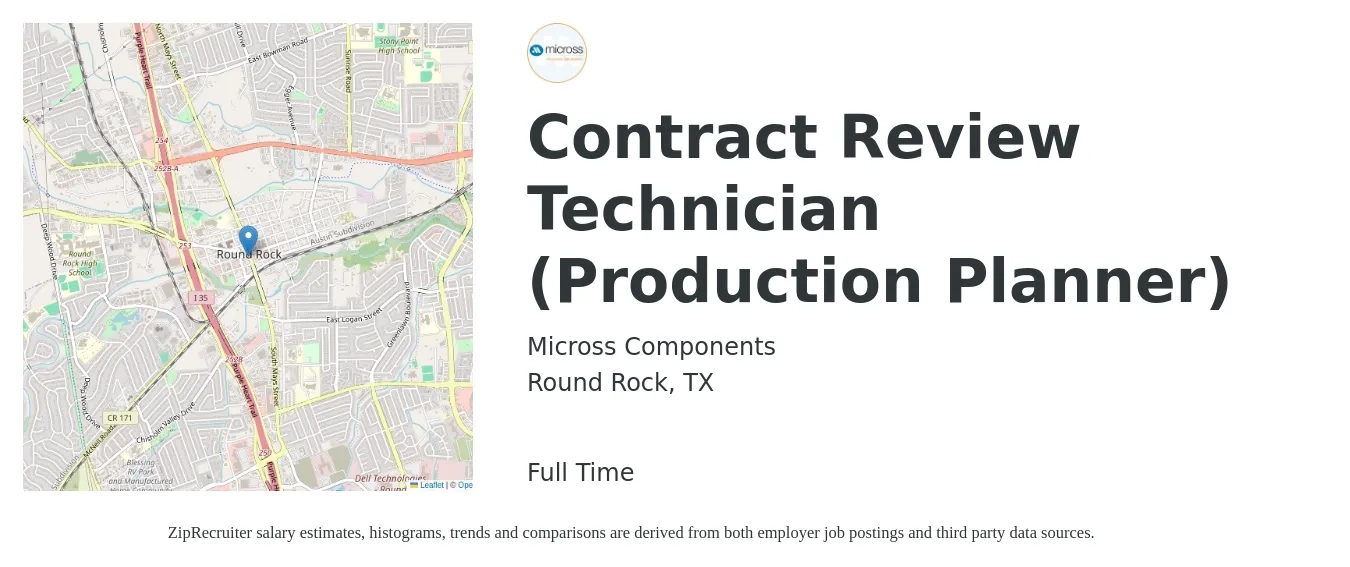 Micross Components job posting for a Contract Review Technician (Production Planner) in Round Rock, TX with a salary of $24 to $34 Hourly with a map of Round Rock location.