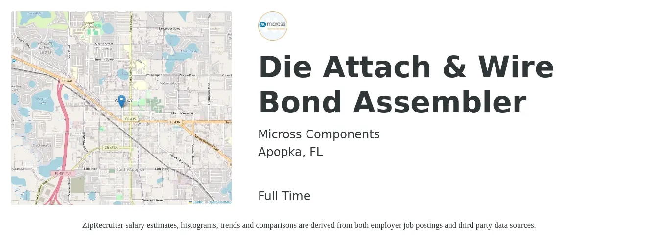 Micross Components job posting for a Die Attach & Wire Bond Assembler in Apopka, FL with a salary of $14 to $18 Hourly with a map of Apopka location.