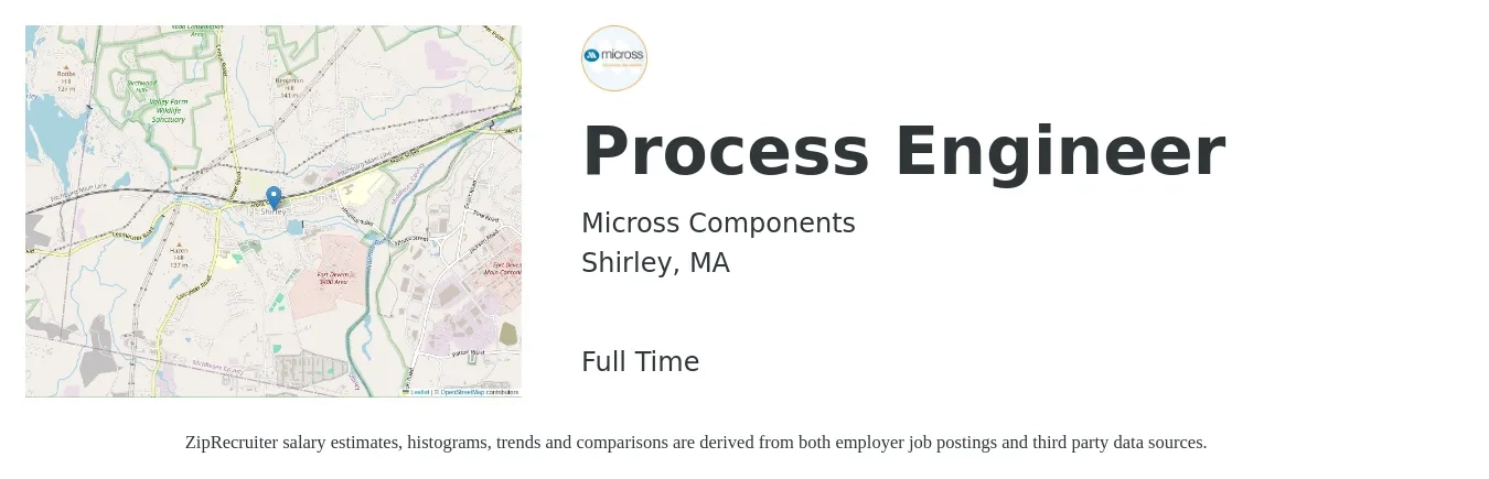 Micross Components job posting for a Process Engineer in Shirley, MA with a salary of $83,800 to $115,900 Yearly with a map of Shirley location.