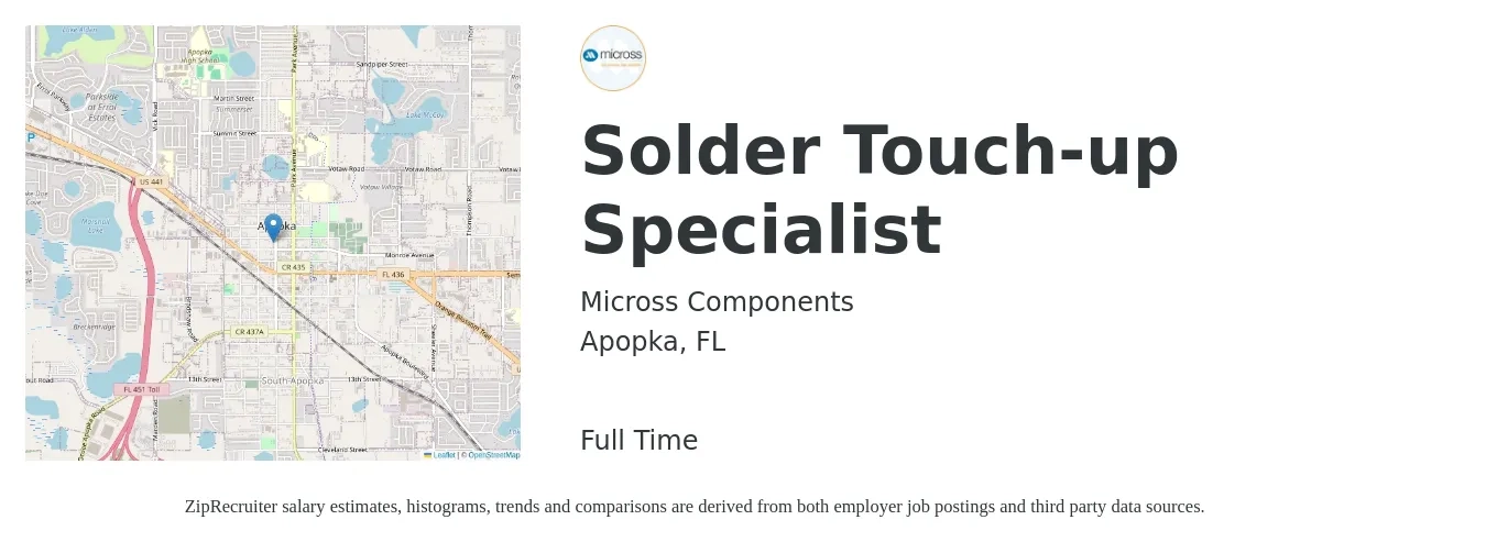 Micross Components job posting for a Solder Touch-up Specialist in Apopka, FL with a salary of $16 to $20 Hourly with a map of Apopka location.