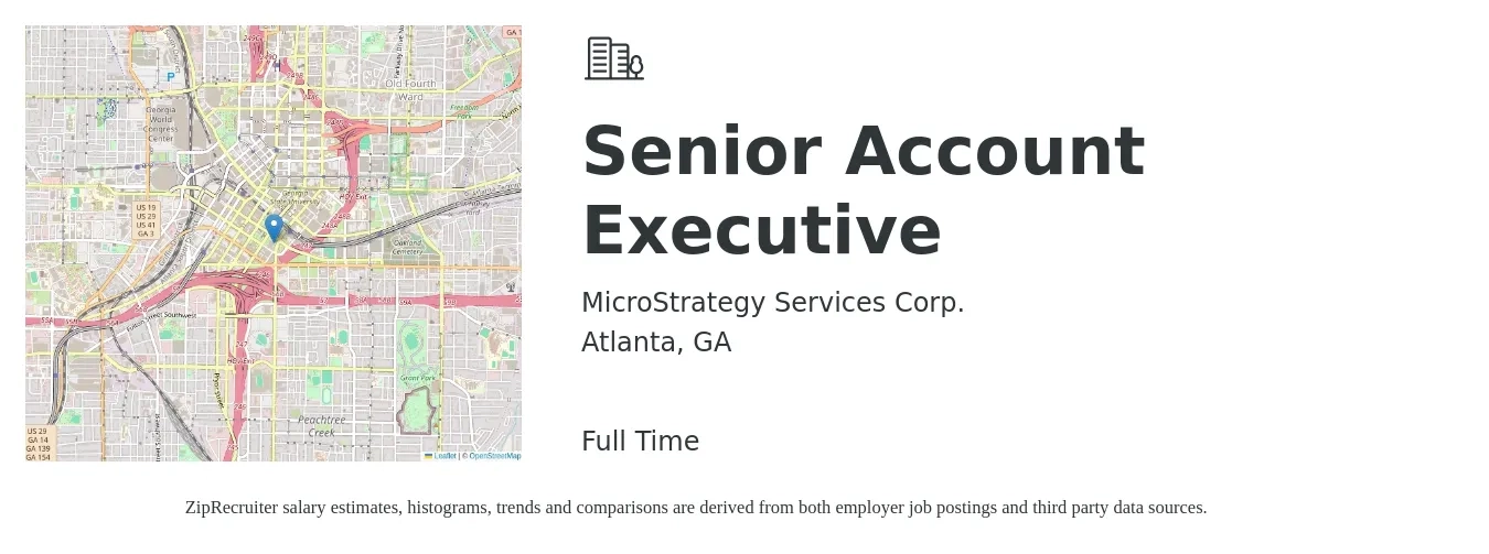 MicroStrategy Services Corp. job posting for a Senior Account Executive in Atlanta, GA with a salary of $74,000 to $113,500 Yearly with a map of Atlanta location.