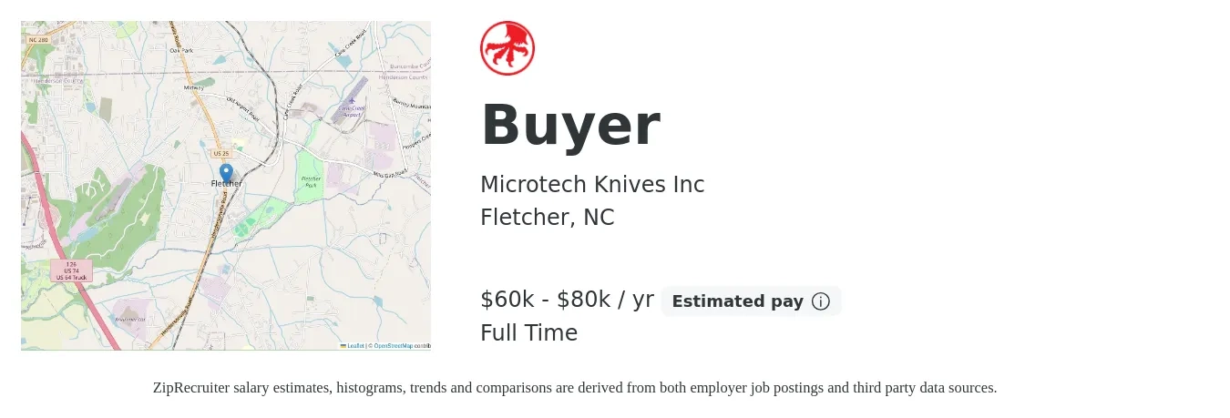 Microtech Knives Inc job posting for a Buyer in Fletcher, NC with a salary of $60,000 to $80,000 Yearly with a map of Fletcher location.