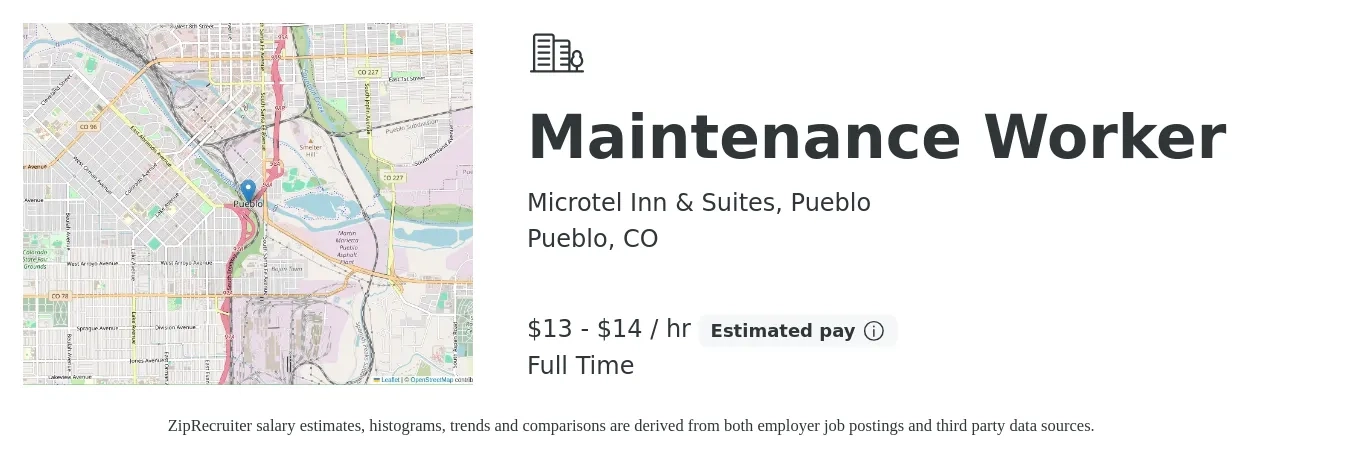 Microtel Inn & Suites, Pueblo job posting for a Maintenance Worker in Pueblo, CO with a salary of $14 to $15 Hourly with a map of Pueblo location.