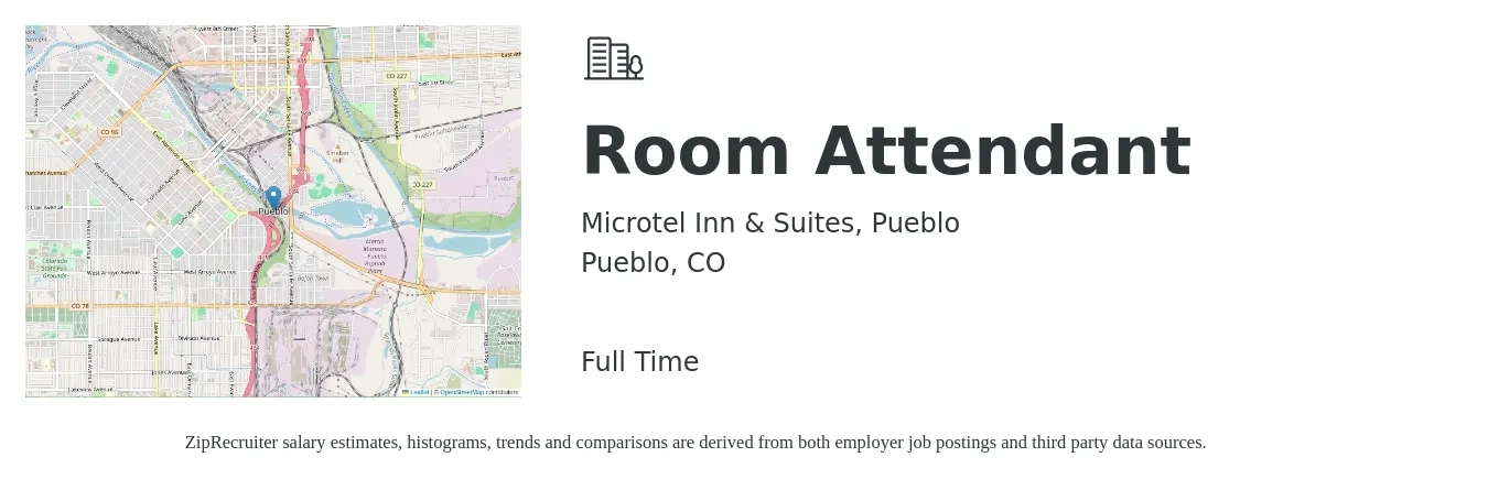 Microtel Inn & Suites, Pueblo job posting for a Room Attendant in Pueblo, CO with a salary of $14 to $15 Hourly with a map of Pueblo location.
