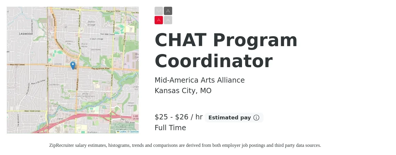 Mid-America Arts Alliance job posting for a CHAT Program Coordinator in Kansas City, MO with a salary of $27 to $28 Hourly with a map of Kansas City location.