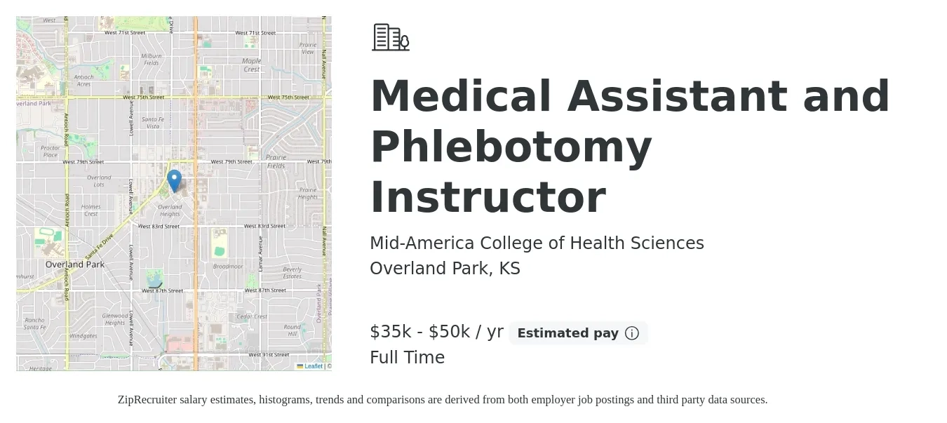 Mid-America College of Health Sciences job posting for a Medical Assistant and Phlebotomy Instructor in Overland Park, KS with a salary of $35,000 to $50,000 Yearly with a map of Overland Park location.