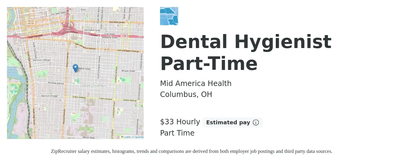 Mid America Health job posting for a Dental Hygienist Part-Time in Columbus, OH with a salary of $35 Hourly with a map of Columbus location.
