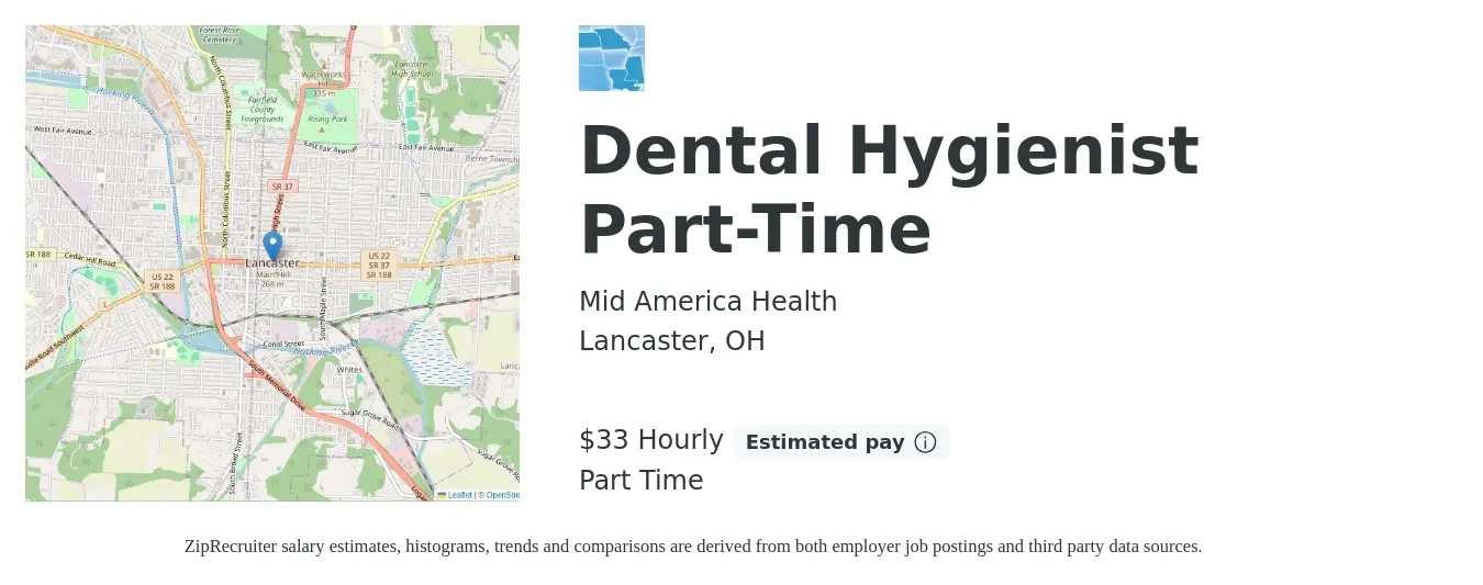 Mid America Health job posting for a Dental Hygienist Part-Time in Lancaster, OH with a salary of $35 Hourly with a map of Lancaster location.