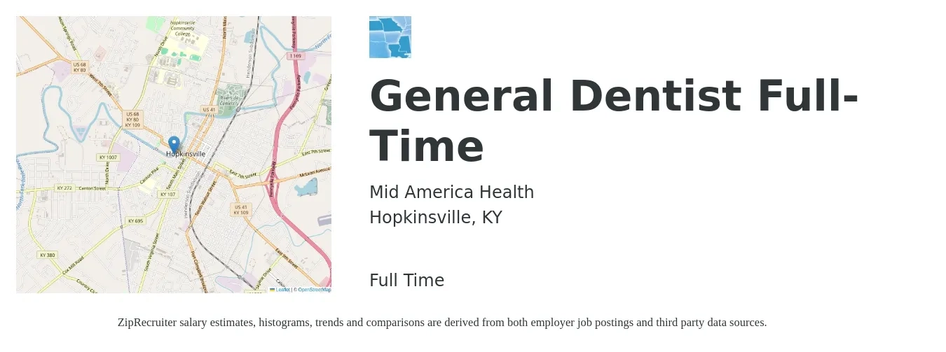 Mid America Health job posting for a General Dentist Full-Time in Hopkinsville, KY with a salary of $500 to $1,500 Daily with a map of Hopkinsville location.