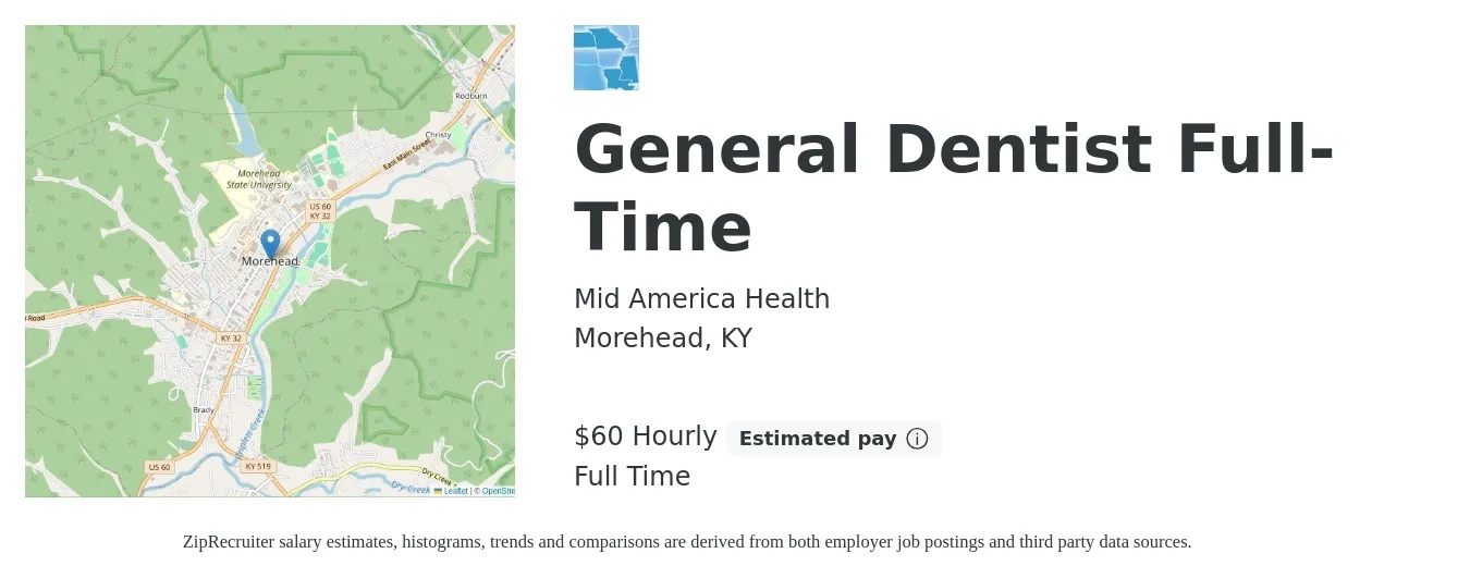 Mid America Health job posting for a General Dentist Full-Time in Morehead, KY with a salary of $500 to $1,500 Daily with a map of Morehead location.
