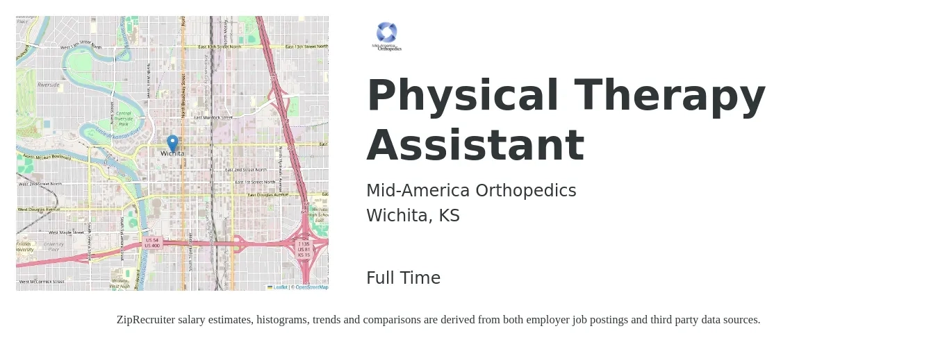 Mid-America Orthopedics job posting for a Physical Therapy Assistant in Wichita, KS with a salary of $23 to $31 Hourly with a map of Wichita location.