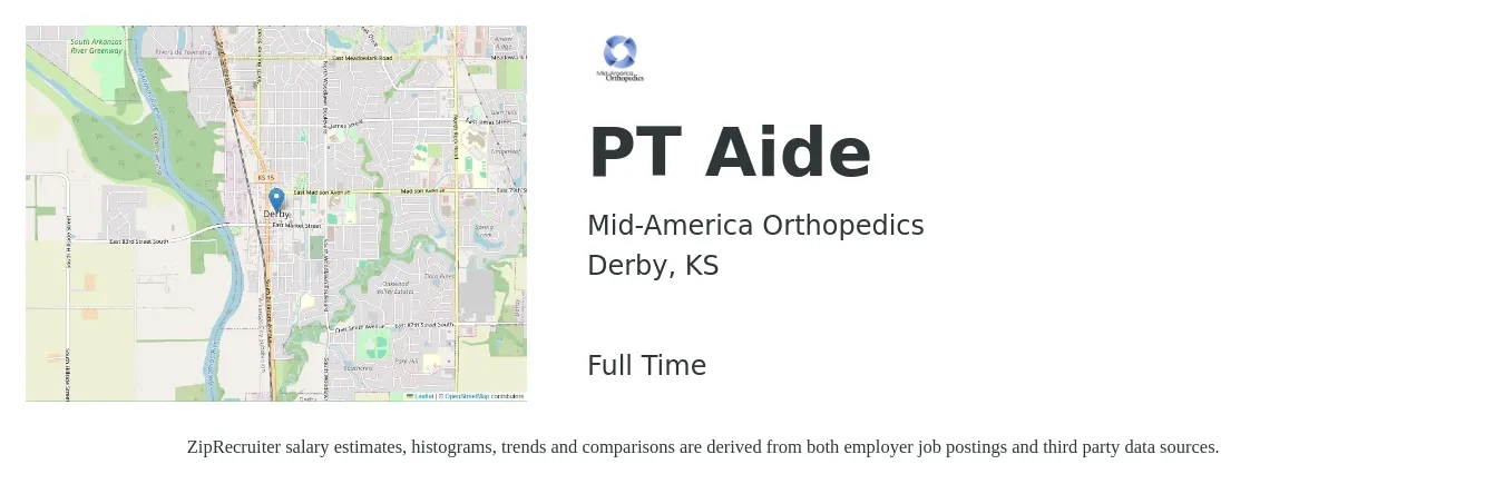 Mid-America Orthopedics job posting for a PT Aide in Derby, KS with a salary of $14 to $16 Hourly with a map of Derby location.