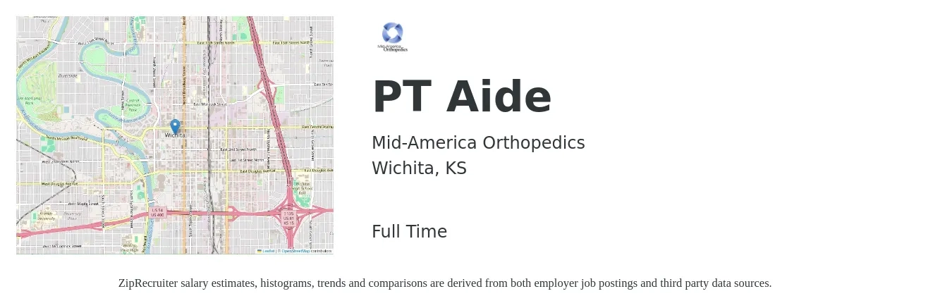 Mid-America Orthopedics job posting for a PT Aide in Wichita, KS with a salary of $14 to $16 Hourly with a map of Wichita location.