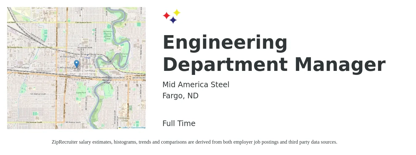 Mid America Steel job posting for a Engineering Department Manager in Fargo, ND with a salary of $114,400 to $169,900 Yearly with a map of Fargo location.