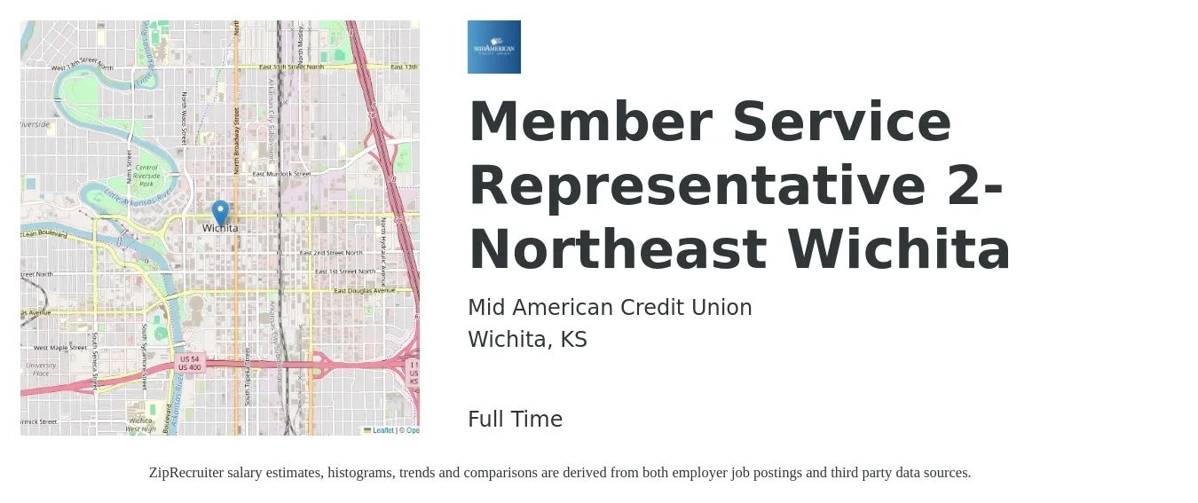 Mid American Credit Union job posting for a Member Service Representative 2- Northeast Wichita in Wichita, KS with a salary of $16 Hourly with a map of Wichita location.
