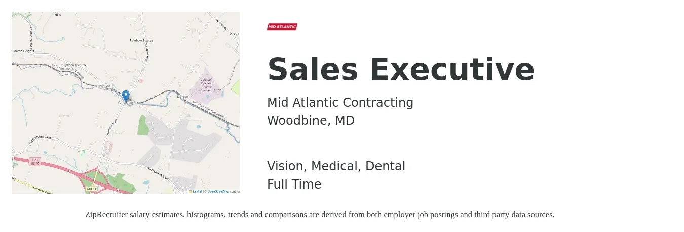 Mid Atlantic Contracting job posting for a Sales Executive in Woodbine, MD with a salary of $62,600 to $107,700 Yearly and benefits including dental, life_insurance, medical, pto, retirement, and vision with a map of Woodbine location.