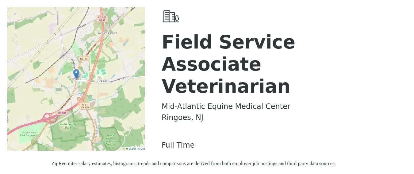 Mid-Atlantic Equine Medical Center job posting for a Field Service Associate Veterinarian in Ringoes, NJ with a salary of $102,000 to $164,700 Yearly with a map of Ringoes location.
