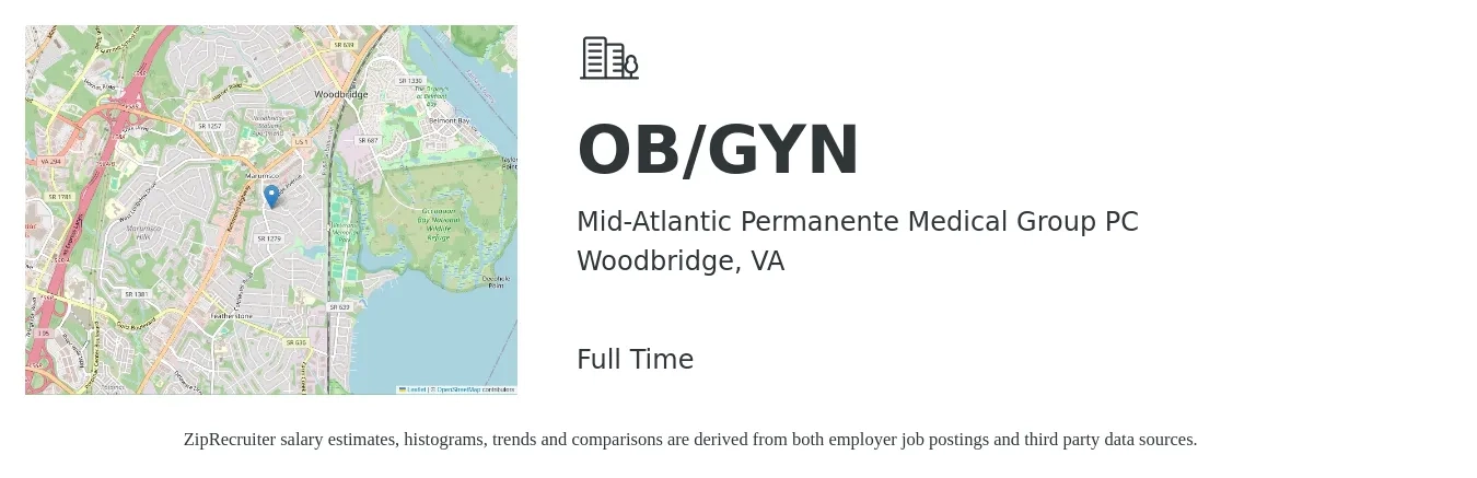 Mid-Atlantic Permanente Medical Group PC job posting for a OB/GYN in Woodbridge, VA with a salary of $237,400 to $247,200 Yearly with a map of Woodbridge location.