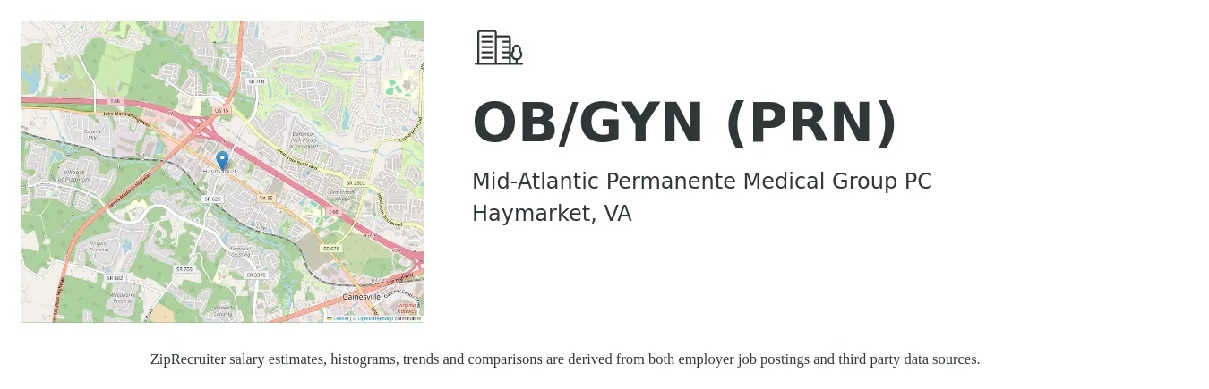 Mid-Atlantic Permanente Medical Group PC job posting for a OB/GYN (PRN) in Haymarket, VA with a salary of $221,700 to $231,000 Yearly with a map of Haymarket location.