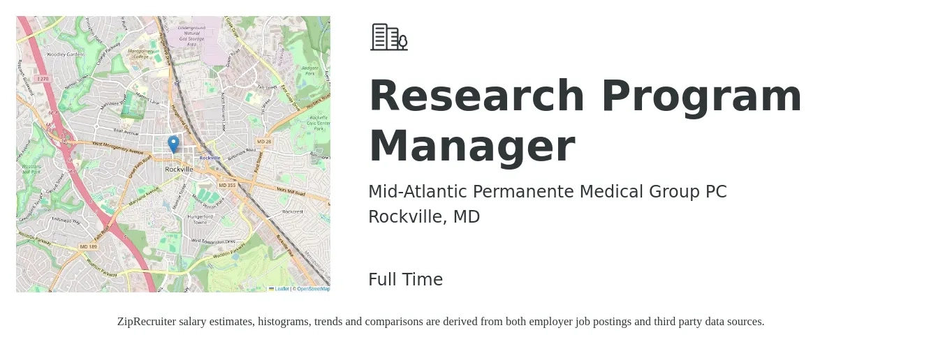 Mid-Atlantic Permanente Medical Group PC job posting for a Research Program Manager in Rockville, MD with a salary of $81,000 to $135,100 Yearly with a map of Rockville location.