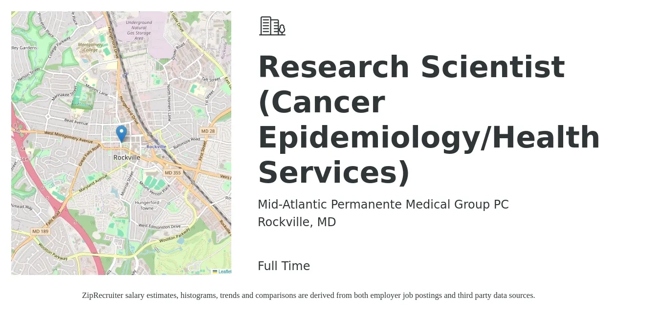 Mid-Atlantic Permanente Medical Group PC job posting for a Research Scientist (Cancer Epidemiology/Health Services) in Rockville, MD with a salary of $109,600 to $176,400 Yearly with a map of Rockville location.