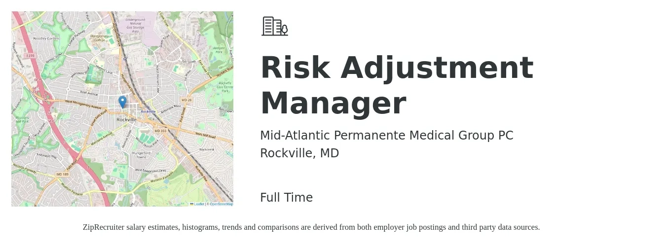 Mid-Atlantic Permanente Medical Group PC job posting for a Risk Adjustment Manager in Rockville, MD with a salary of $73,900 to $134,600 Yearly with a map of Rockville location.