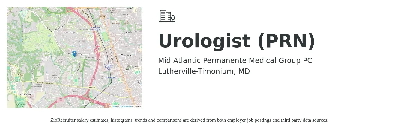 Mid-Atlantic Permanente Medical Group PC job posting for a Urologist (PRN) in Lutherville-Timonium, MD with a salary of $359,900 to $384,900 Yearly with a map of Lutherville-Timonium location.