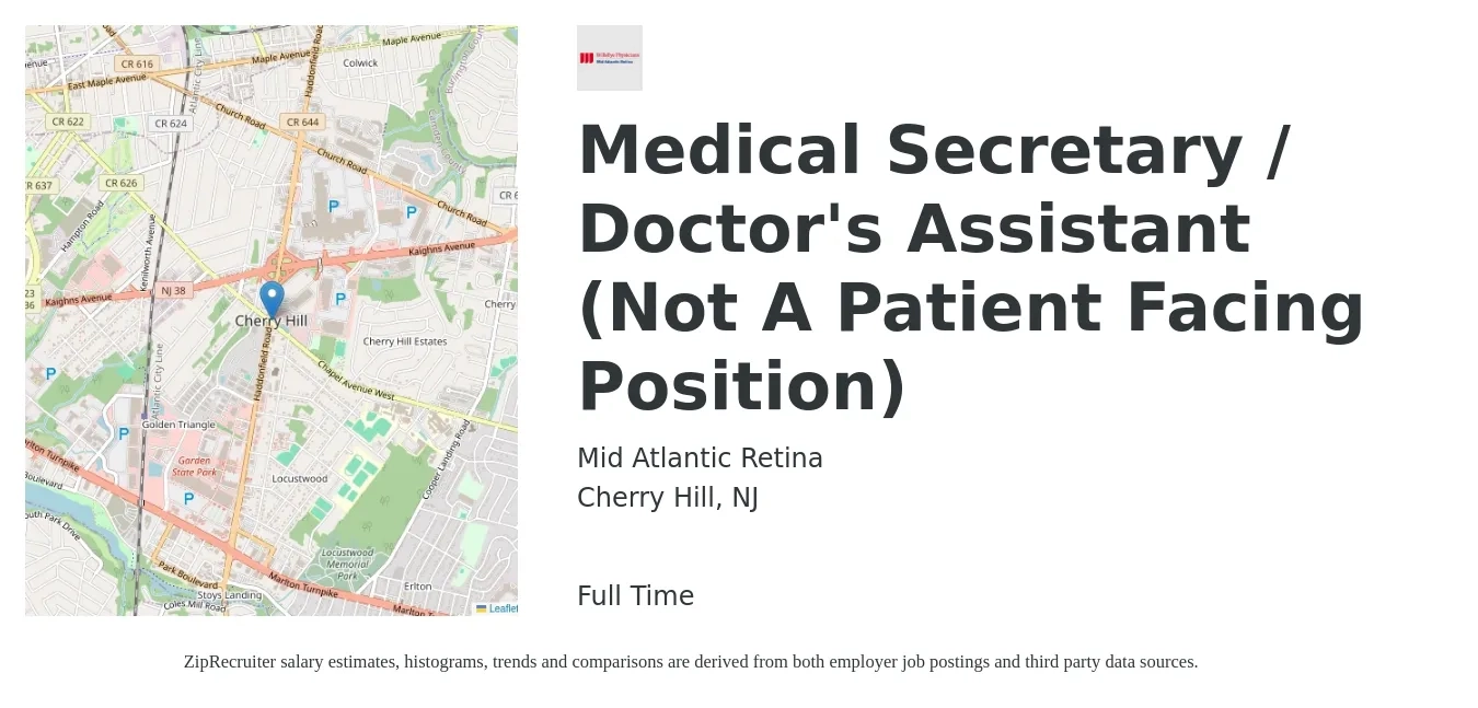 Mid Atlantic Retina job posting for a Medical Secretary / Doctor's Assistant (Not A Patient Facing Position) in Cherry Hill, NJ with a salary of $19 to $23 Hourly with a map of Cherry Hill location.