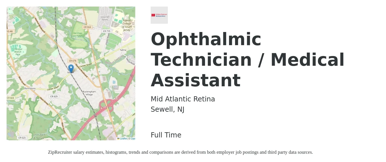 Mid Atlantic Retina job posting for a Ophthalmic Technician / Medical Assistant in Sewell, NJ with a salary of $17 to $22 Hourly with a map of Sewell location.