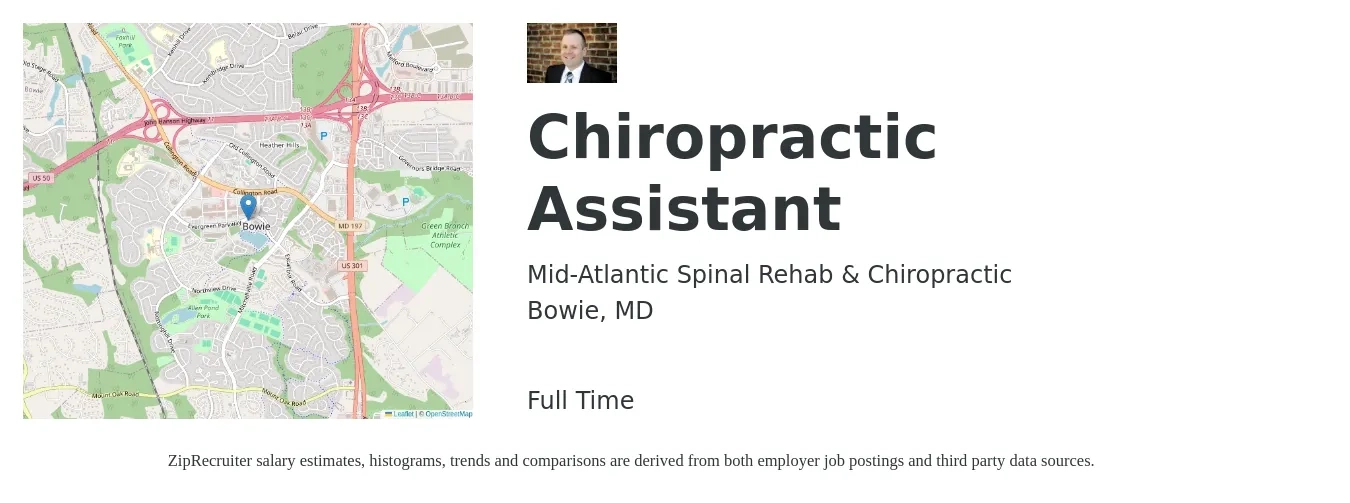 Mid-Atlantic Spinal Rehab & Chiropractic job posting for a Chiropractic Assistant in Bowie, MD with a salary of $16 to $19 Hourly with a map of Bowie location.