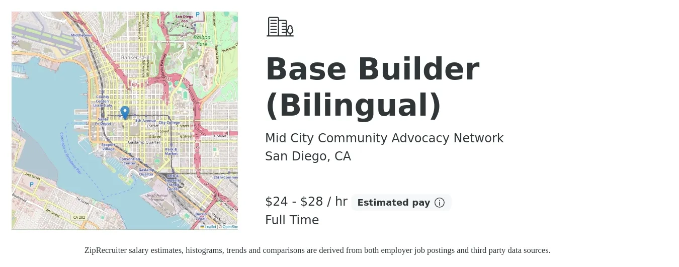 Mid City Community Advocacy Network job posting for a Base Builder (Bilingual) in San Diego, CA with a salary of $25 to $30 Hourly with a map of San Diego location.