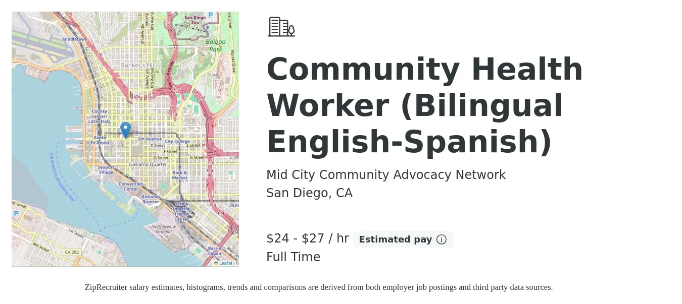 Mid City Community Advocacy Network job posting for a Community Health Worker (Bilingual English-Spanish) in San Diego, CA with a salary of $25 to $29 Hourly with a map of San Diego location.