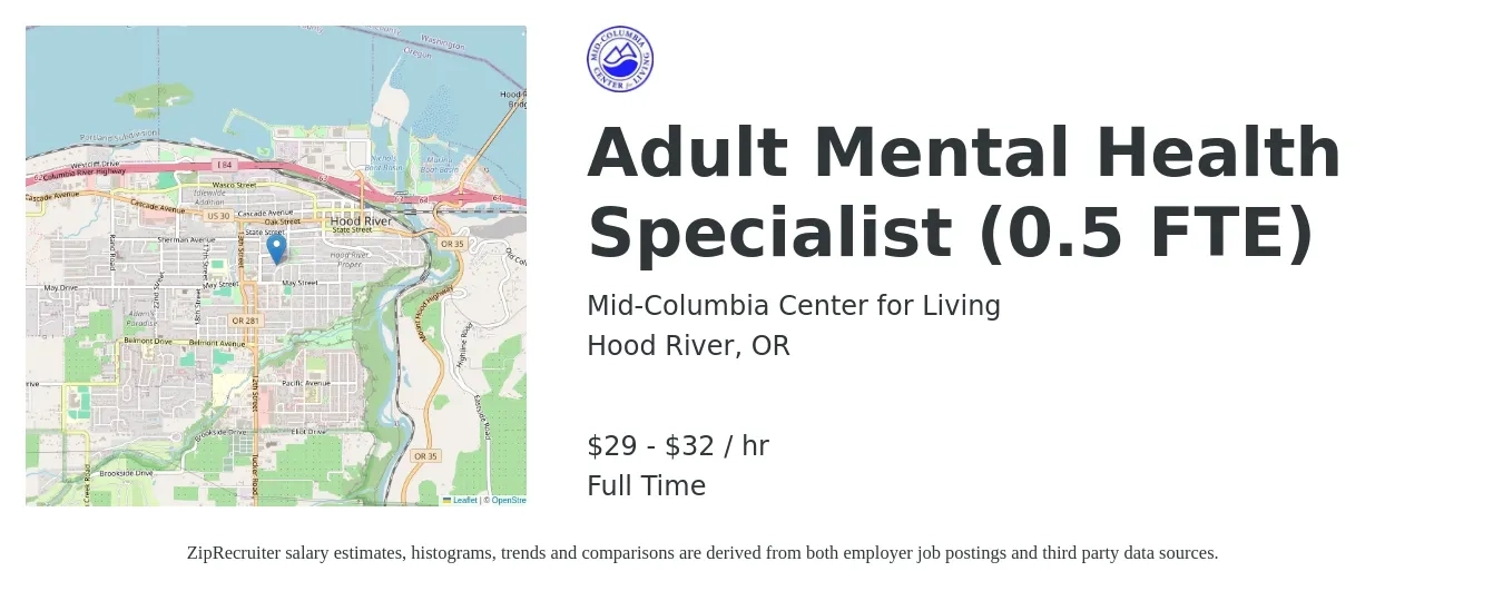 Mid-Columbia Center for Living job posting for a Adult Mental Health Specialist (0.5 FTE) in Hood River, OR with a salary of $31 to $34 Hourly with a map of Hood River location.