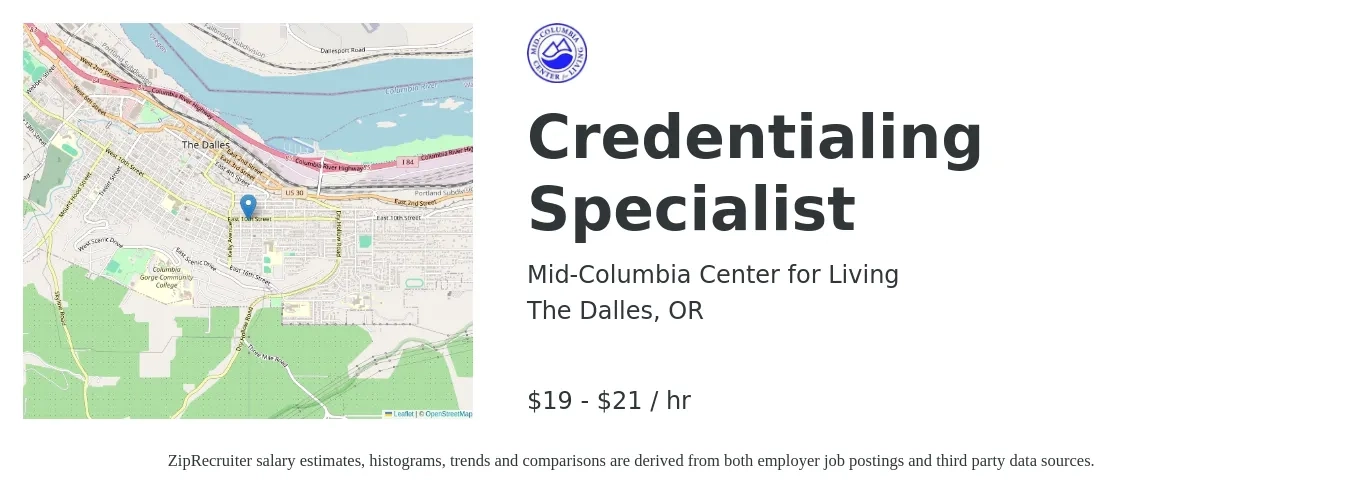 Mid-Columbia Center for Living job posting for a Credentialing Specialist in The Dalles, OR with a salary of $21 to $23 Hourly with a map of The Dalles location.