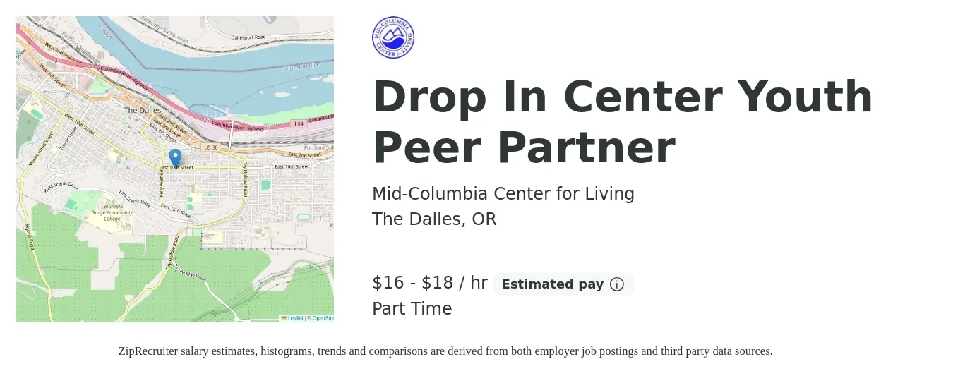 Mid-Columbia Center for Living job posting for a Drop In Center Youth Peer Partner in The Dalles, OR with a salary of $18 to $19 Hourly with a map of The Dalles location.