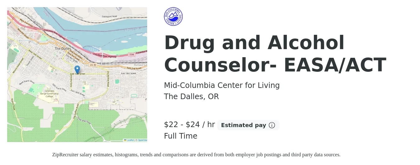 Mid-Columbia Center for Living job posting for a Drug and Alcohol Counselor- EASA/ACT in The Dalles, OR with a salary of $23 to $26 Hourly with a map of The Dalles location.