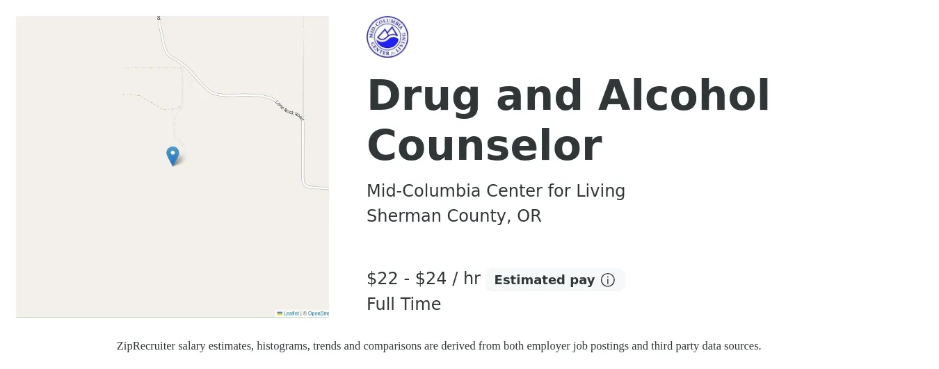 Mid-Columbia Center for Living job posting for a Drug and Alcohol Counselor in Sherman County, OR with a salary of $23 to $26 Hourly with a map of Sherman County location.