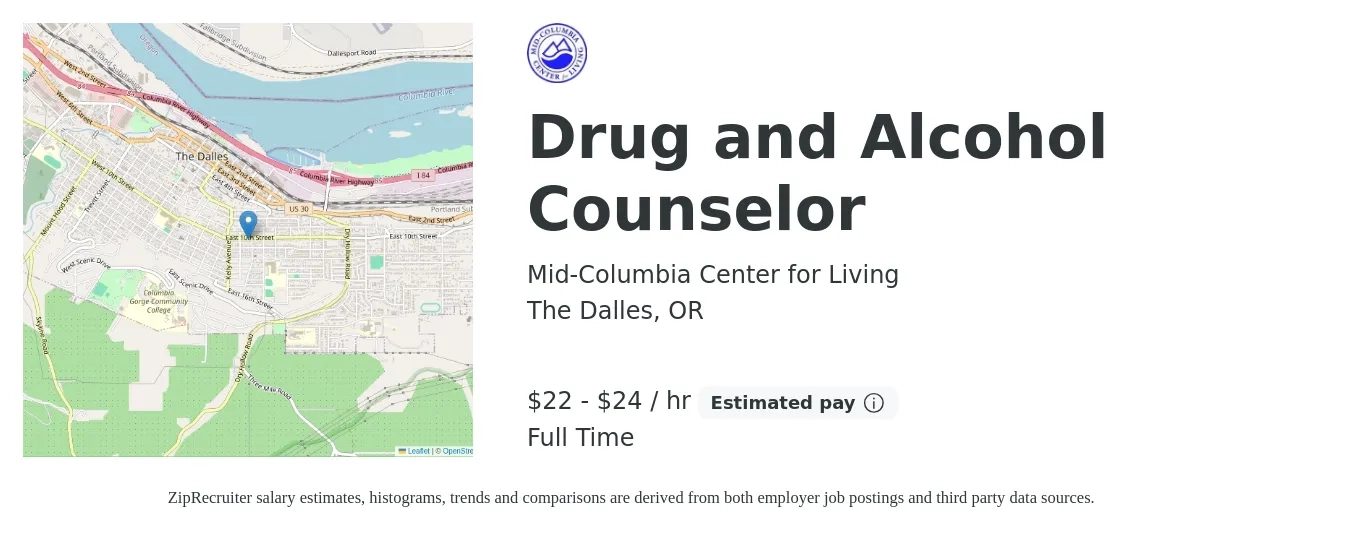 Mid-Columbia Center for Living job posting for a Drug and Alcohol Counselor in The Dalles, OR with a salary of $23 to $26 Hourly with a map of The Dalles location.