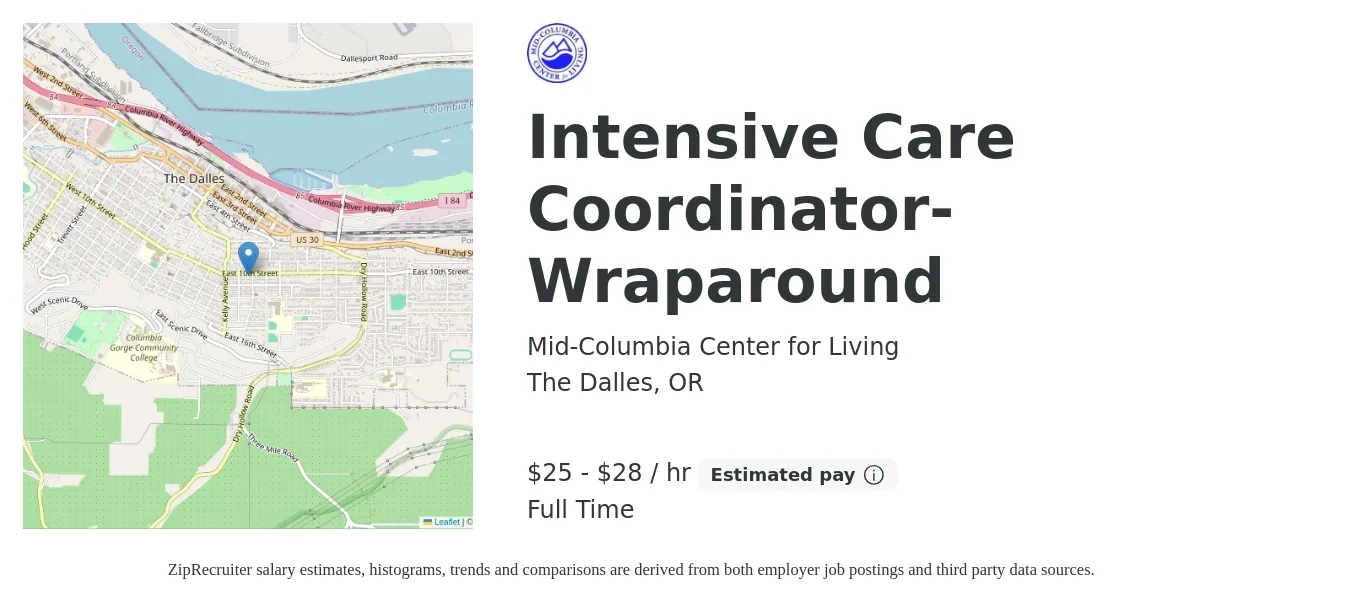 Mid-Columbia Center for Living job posting for a Intensive Care Coordinator- Wraparound in The Dalles, OR with a salary of $26 to $29 Hourly with a map of The Dalles location.