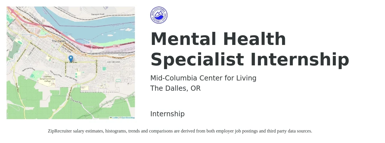 Mid-Columbia Center for Living job posting for a Mental Health Specialist Internship in The Dalles, OR with a salary of $16 to $21 Hourly with a map of The Dalles location.